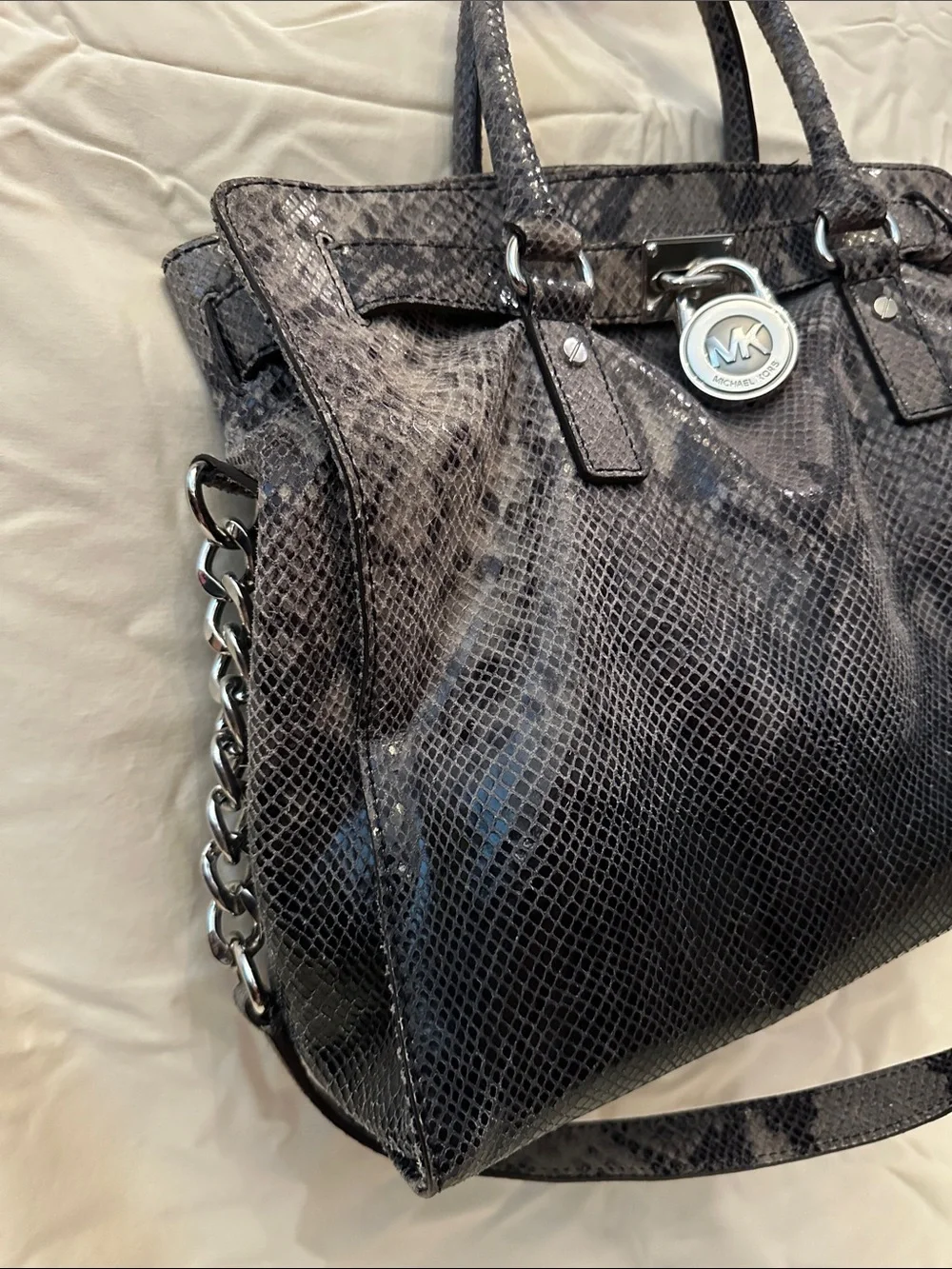 Michael Kors Hamilton Snake-Embossed Tote Bag in Dark Gray/Black RARE!!